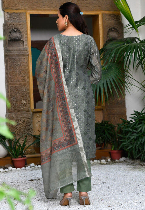 Printed Chanderi Silk Pakistani Suit in Light Olive Green