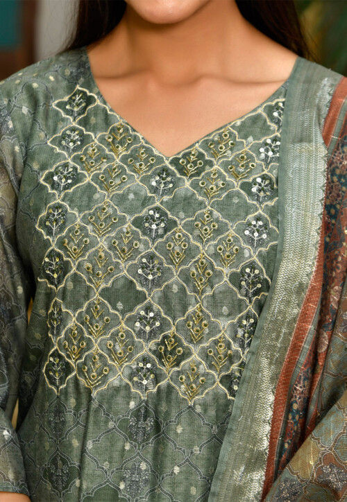 Printed Chanderi Silk Pakistani Suit in Light Olive Green
