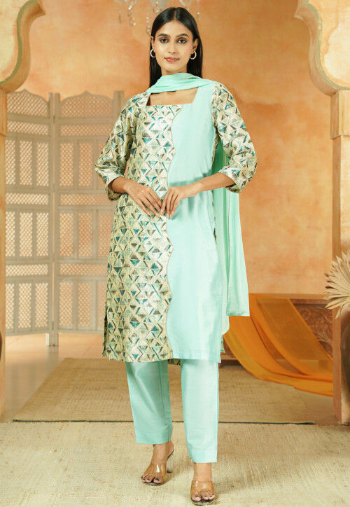 Printed Chanderi Silk Pakistani Suit in Multicolor