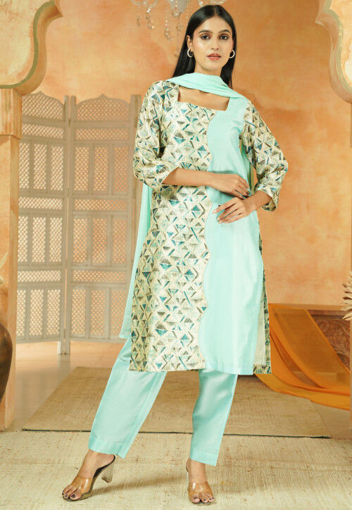 Printed Chanderi Silk Pakistani Suit in Multicolor