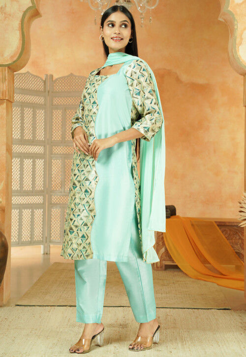 Printed Chanderi Silk Pakistani Suit in Multicolor
