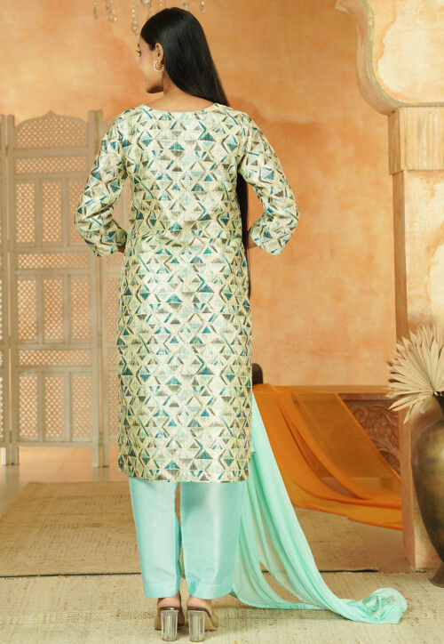 Printed Chanderi Silk Pakistani Suit in Multicolor