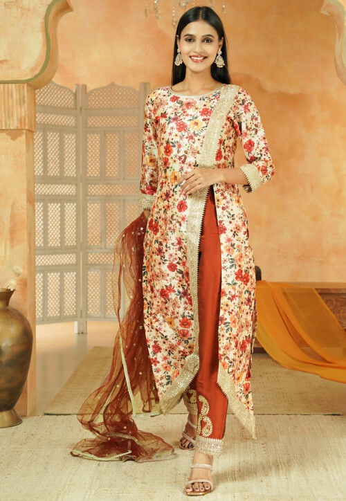 Printed Chanderi Silk Pakistani Suit in Multicolor