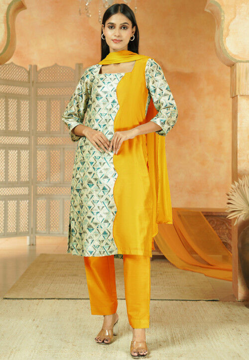 Printed Chanderi Silk Pakistani Suit in Yellow and Multicolor