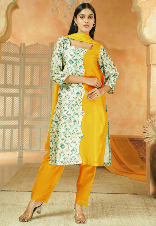 Printed Chanderi Silk Pakistani Suit in Yellow and Multicolor