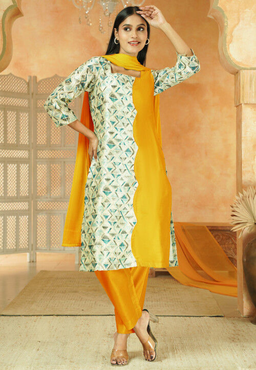 Printed Chanderi Silk Pakistani Suit in Yellow and Multicolor