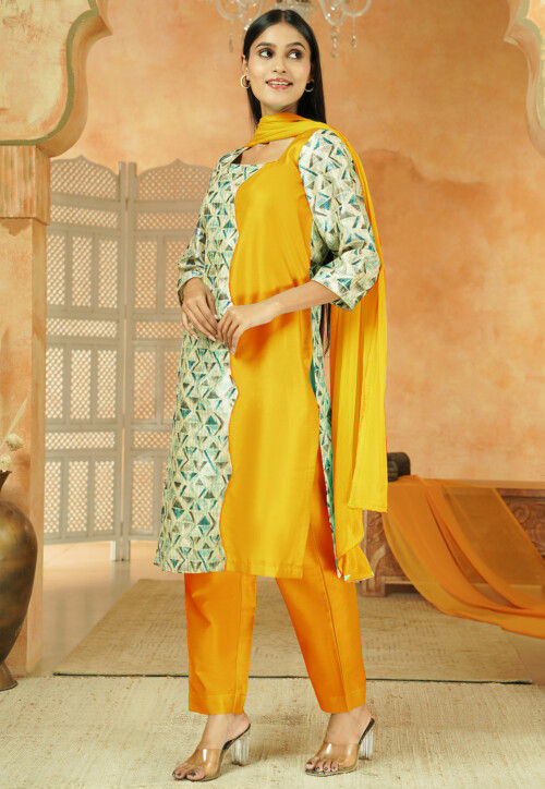 Printed Chanderi Silk Pakistani Suit in Yellow and Multicolor
