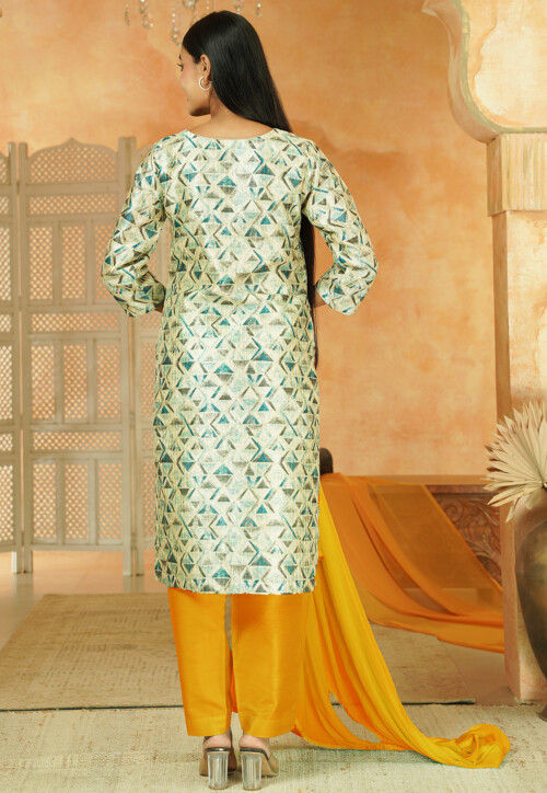Printed Chanderi Silk Pakistani Suit in Yellow and Multicolor