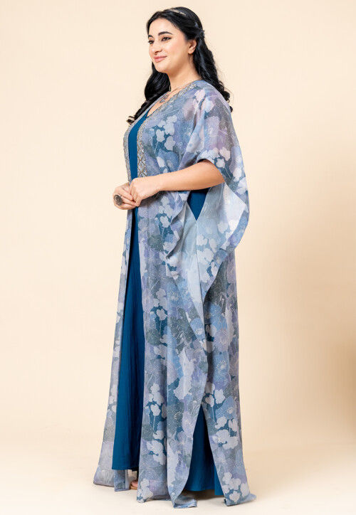 Tish Maxi Dress with Front Button Fastenings - Blue, Charcoal Grey