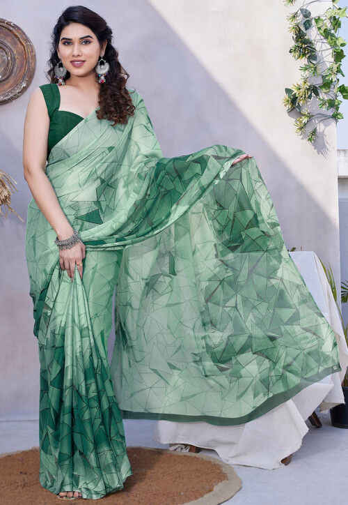 Printed Chiffon Saree in Green