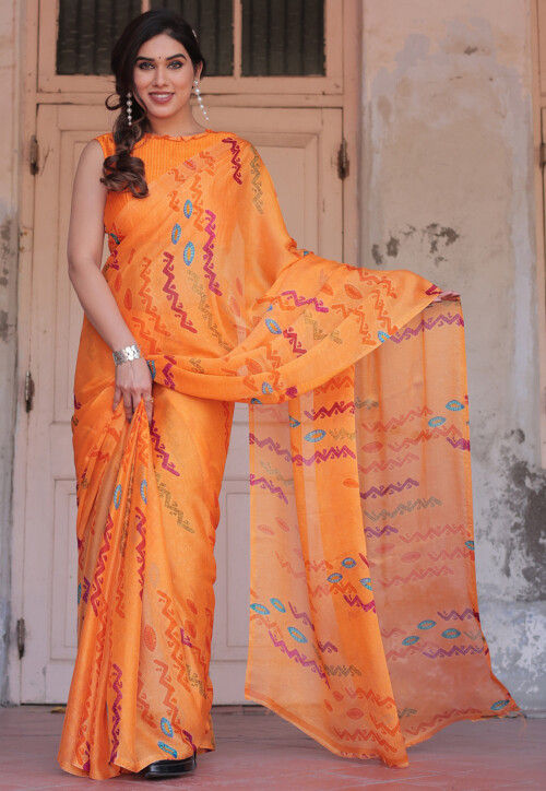 Printed Chiffon Saree in Orange