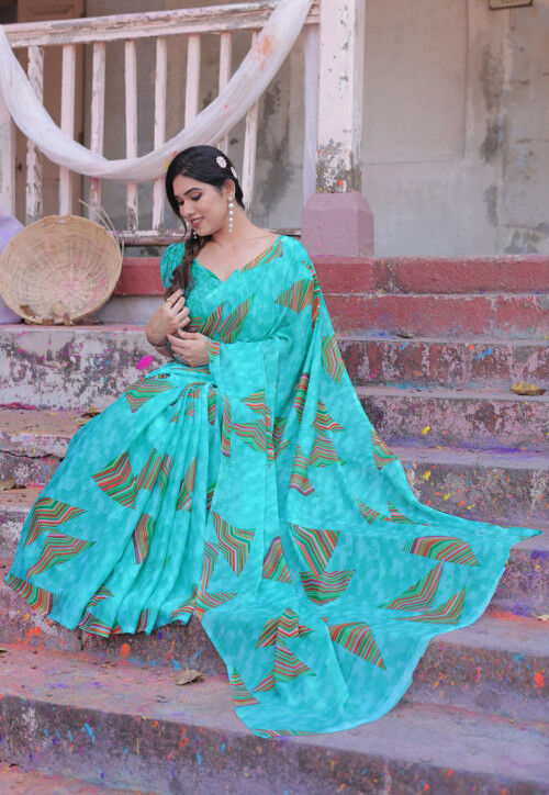 Printed Chiffon Saree in Turquoise