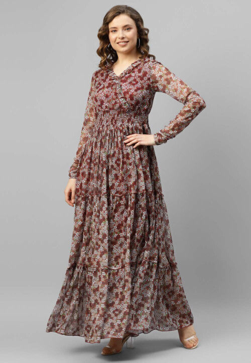 Printed Chiffon Tiered Dress in Maroon
