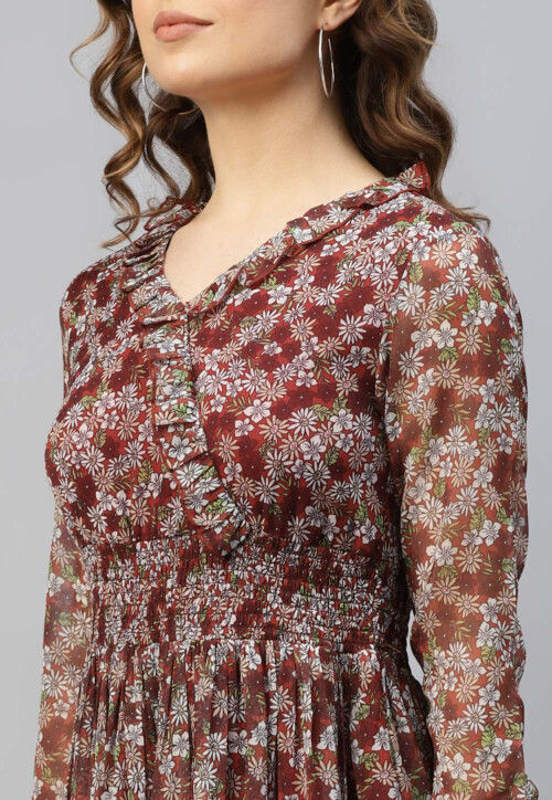 Printed Chiffon Tiered Dress in Maroon