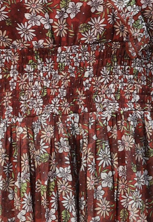 Printed Chiffon Tiered Dress in Maroon