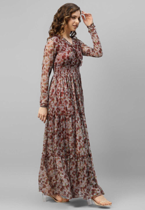 Printed Chiffon Tiered Dress in Maroon