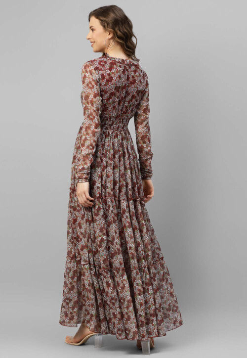Printed Chiffon Tiered Dress in Maroon
