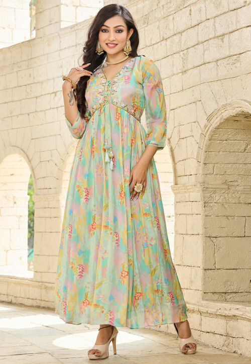 Buy Printed Chinon Chiffon Maxi Dress in Multicolor Online TGX250 Utsav Fashion