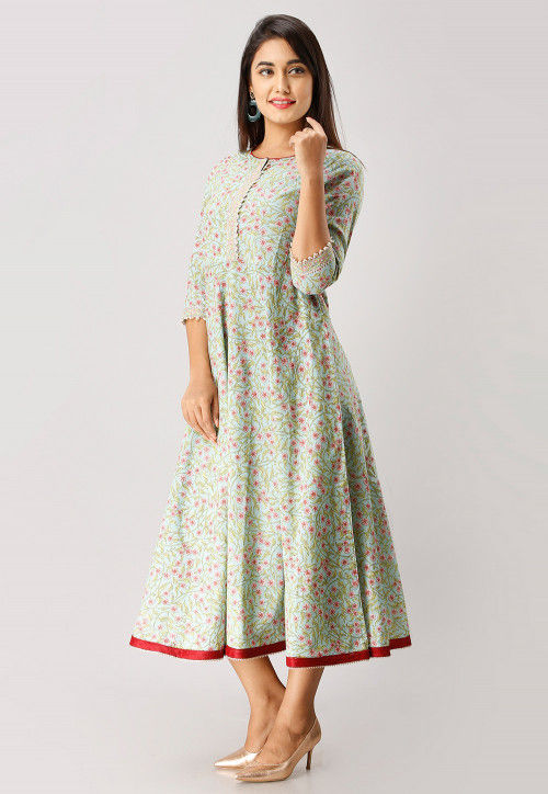 Printed Cotton A Line Flared Kurta in Light Blue : TUH39