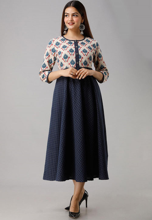 Printed Cotton A Line Kurta in Navy Blue and Off White