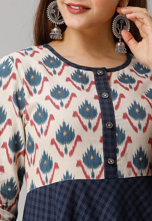Printed Cotton A Line Kurta in Navy Blue and Off White : TUH62