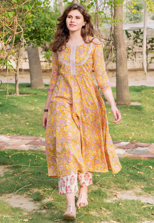 Shop for Kora Yellow Cotton Printed A-line Kurta And Pant Set for Women  Online at Aza Fashions | A line kurta, Kurta patterns, Aza fashion