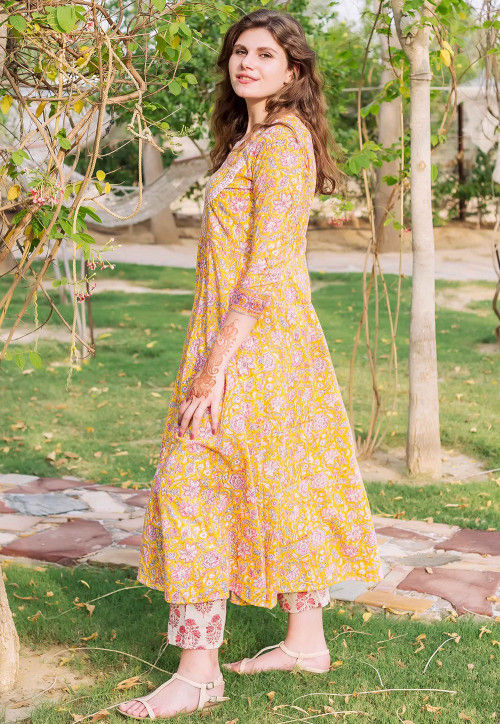 Printed Cotton A Line Kurta Set in Yellow : TQM389