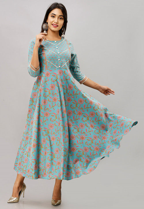 Details about   Designer Kurta Women's Cotton Dress Teal Blue A-Line Floral Casual Dress 