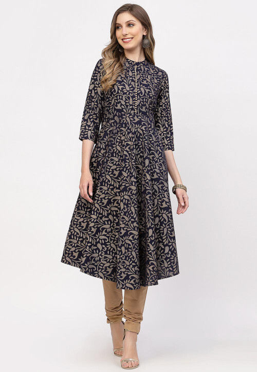 Printed Cotton A Line Suit in Navy Blue
