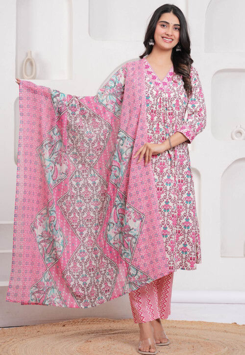 Printed Cotton A Line Suit in White and Pink