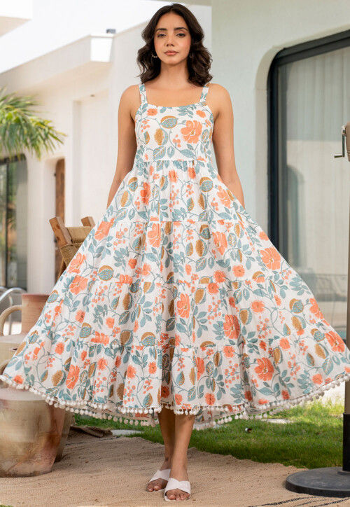 Printed Cotton Aline Dress in Off White