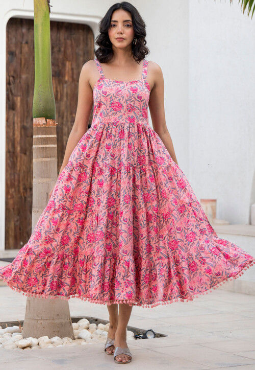 Printed Cotton Aline Dress in Pink