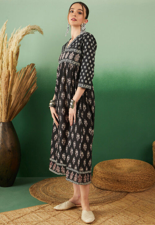Women Black Printed 3/4 Sleeve Cotton A-Line Kurta main image 0
