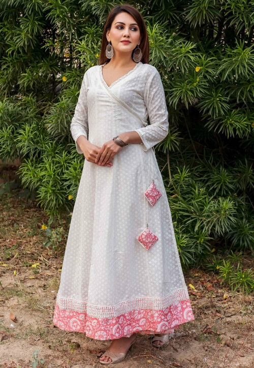 Elegant White Anarkali Dress in Printed Organza | Round Neck, Full Sleeve |  Perfect for Raksha Bandhan