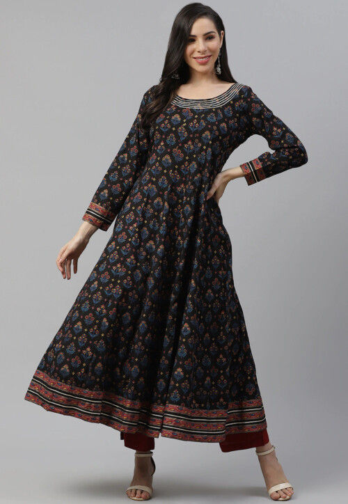 Buy Printed Cotton Anarkali Kurta in Black Online TKV169 Utsav Fashion