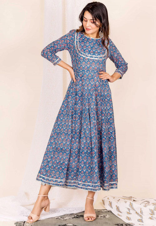 Printed Cotton Anarkali Kurta in Blue : TQM538