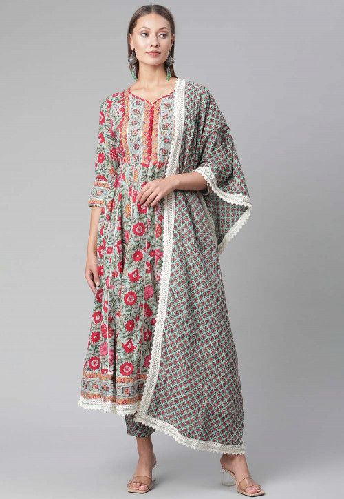 Printed Cotton Anarkali Suit in Dusty Green