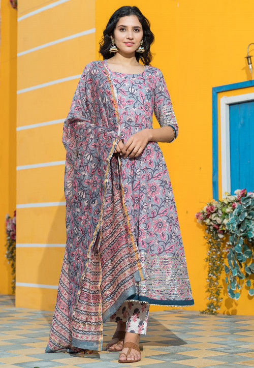 Printed Cotton Anarkali Suit in Grey and Pink