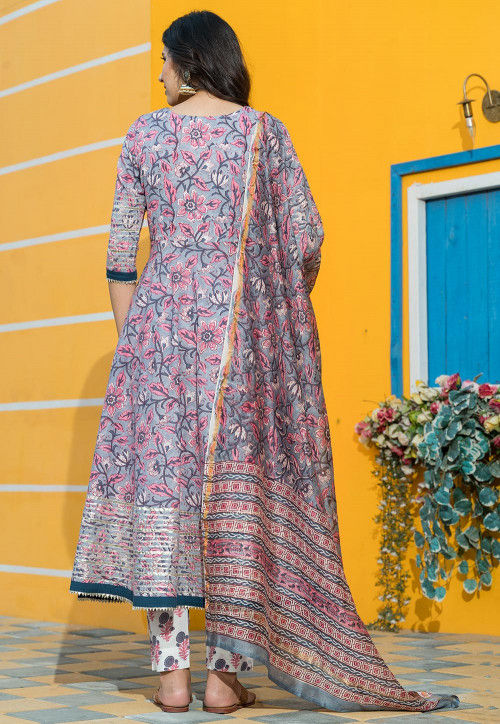 Printed Cotton Anarkali Suit in Grey and Pink