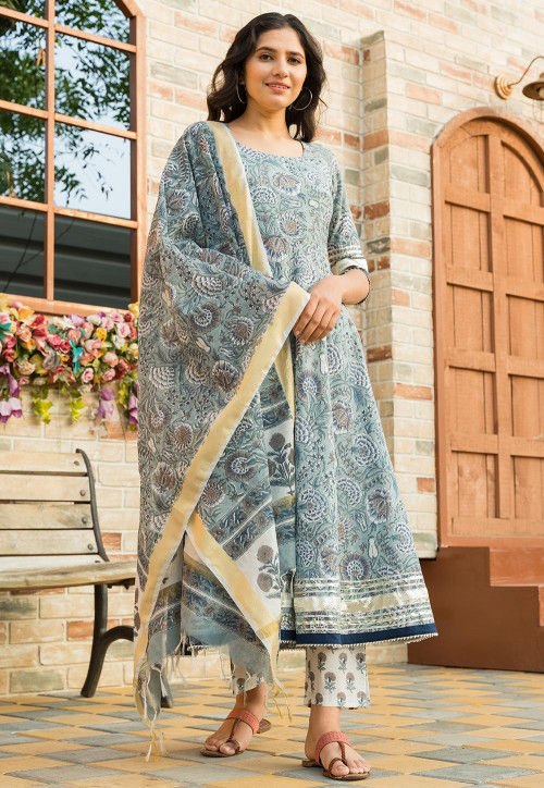 Printed Cotton Anarkali Suit in Light Grey
