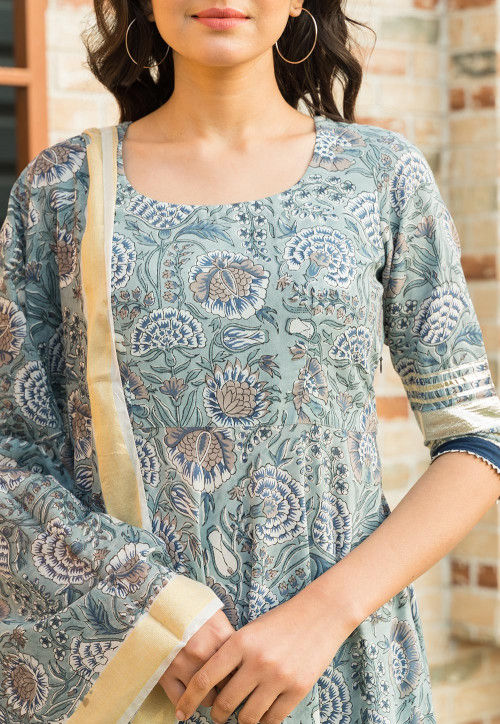 Printed Cotton Anarkali Suit in Light Grey