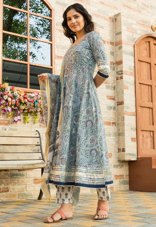 Printed Cotton Anarkali Suit in Light Grey
