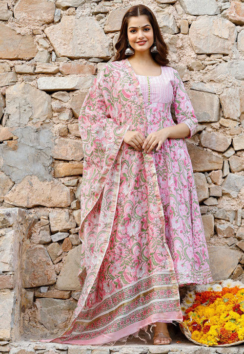 Printed Cotton Anarkali Suit in Light Pink : KMM129