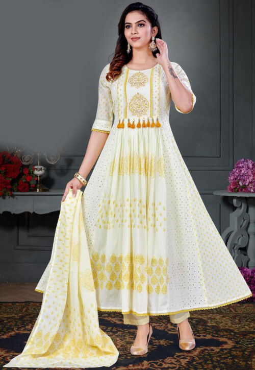 Buy Printed Cotton Anarkali Suit in Off White Online : KRD393 - Utsav Fashion Buy Printed Cotton Anarkali Suit in Off White Online : KRD393 - Utsav Fashion