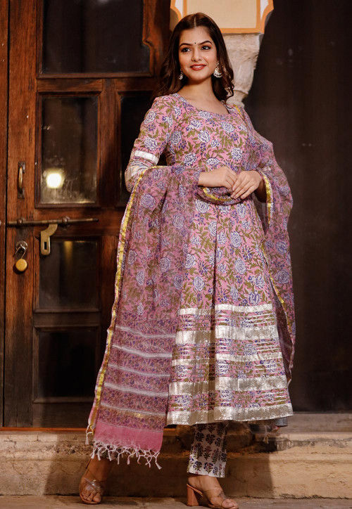 Buy Printed Cotton Anarkali Suit in Old Rose Online : KMM133 - Utsav ...