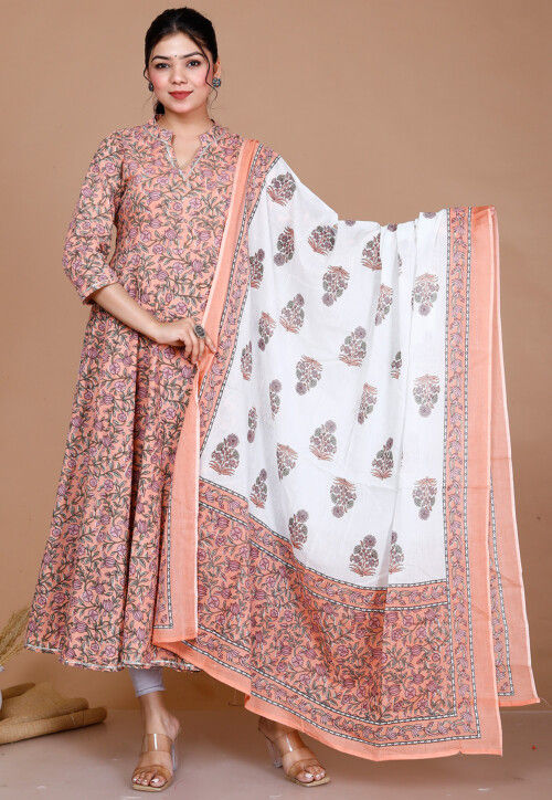 Printed Cotton Anarkali Suit in Peach