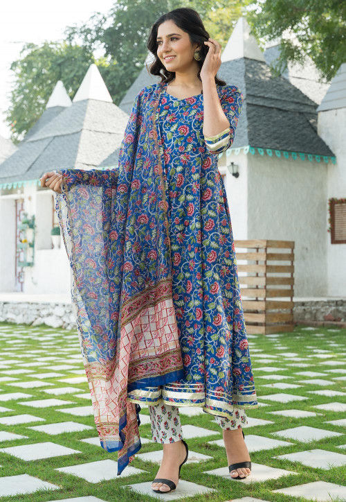 Printed Cotton Anarkali Suit in Royal Blue : KMM69