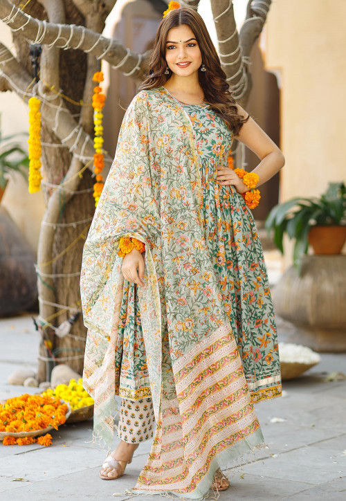 Printed Cotton Anarkali Suit in Sea Green and Orange