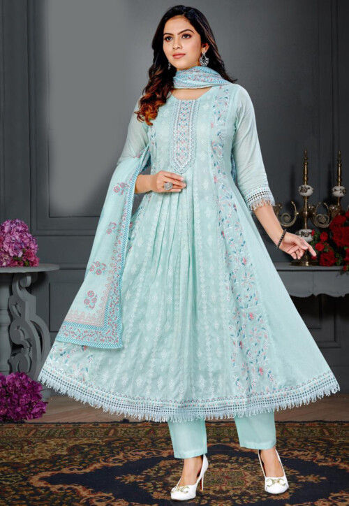 Printed Cotton Anarkali Suit in Sea Green