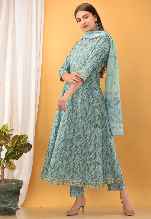 Buy Printed Cotton Anarkali Suit in Sky Blue Online : KJL159 - Utsav ...